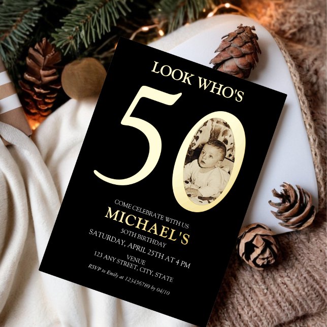 50th Birthday Old Photo Gold Foil Invitation (Look who's 50 - 50th birthday party invitation with old baby photo and real gold foil)