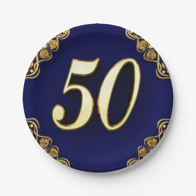 50th Birthday or Anniversary Regal Gold and Blue Paper Plates (Front)
