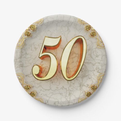 50th Birthday or Anniversary Regal Gold and Marble Paper Plates