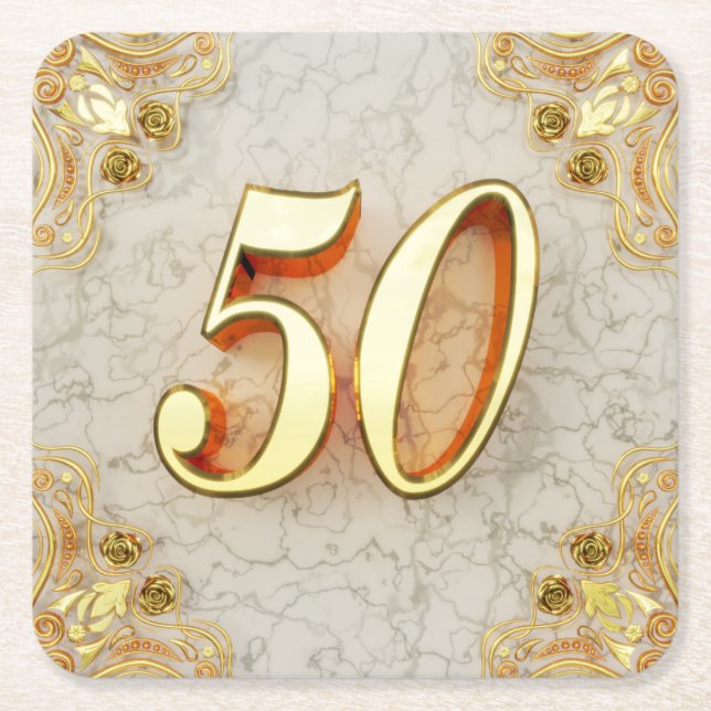 50th Birthday or Anniversary Regal Gold and Marble Square Paper Coaster (Front)