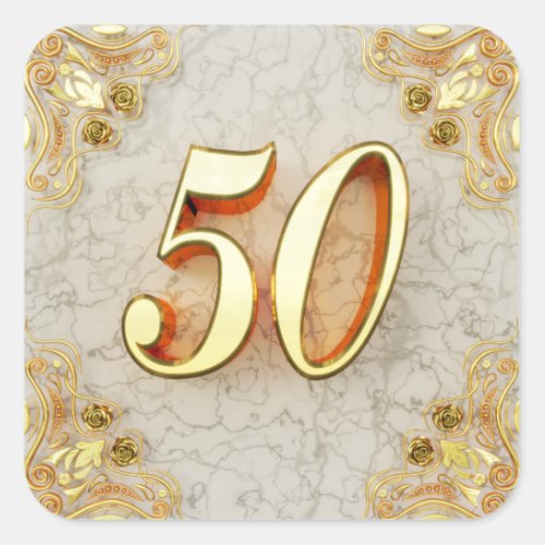 50th Birthday or Anniversary Regal Gold and Marble Square Sticker