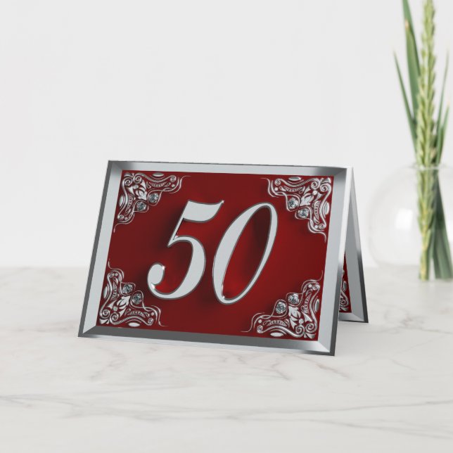 50th Birthday or Anniversary Regal Silver and Red Card (Front)