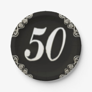 50th Birthday or Anniversary Regal Silver Black Paper Plates