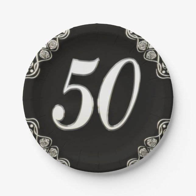 50th Birthday or Anniversary Regal Silver Black Paper Plates (Front)