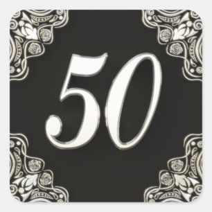 50th Birthday or Anniversary Regal Silver Black Square Sticker