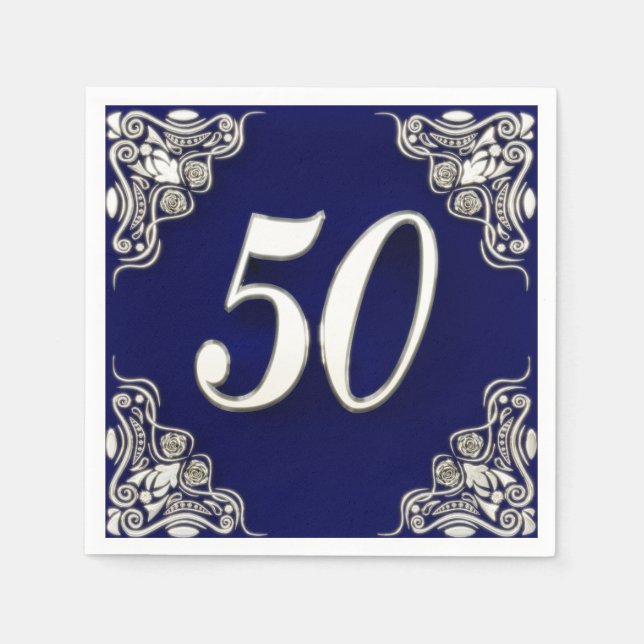 50th Birthday or Anniversary Regal Silver Blue Napkins (Front)
