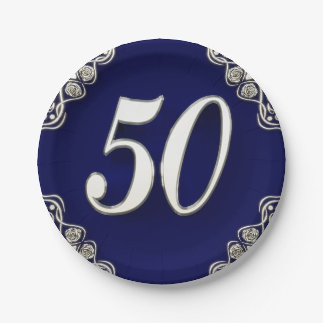 50th Birthday or Anniversary Regal Silver Blue Paper Plates (Front)
