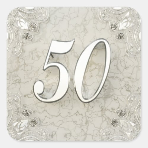 50th Birthday or Anniversary Regal Silver Marble Square Sticker