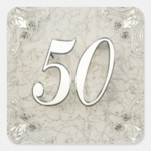 50th Birthday or Anniversary Regal Silver Marble Square Sticker