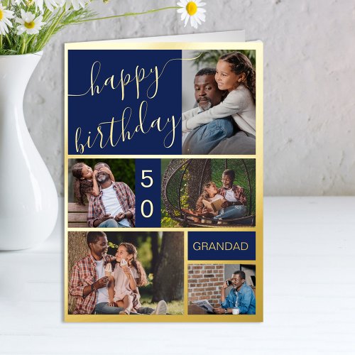 50th Birthday or Any Age 5 Photo Blue and Gold Foil Greeting Card