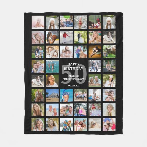 50th Birthday or Any Age Birthday 44 Photo Collage Fleece Blanket - Make a collage of 44 photos commemorating any birthday age (the sample shows a 50th birthday) for a meaningful keepsake gift of memories. The number behind the personalized custom text can be changed or deleted. PHOTO TIP:  Pre-crop/size your photos into a square shape or have the subject in the middle BEFORE uploading for fastest, easiest results. NOTE that pixelation/blurry warnings may occur and you may want to resize your original photo before uploading or Zazzle LIVE, online services or the designer may help you. CHANGES:  You can change the BLACK background color and/or the font style, size, color and placement of the text by clicking on the CUSTOMIZE FURTHER tab. Contact the designer via Zazzle Chat or makeitaboutyoustore@gmail.com if you'd like this design modified, on another product or would like coordinating items. 