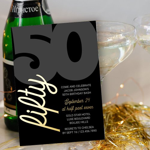 50th Birthday Oversized Fifty Script Black Gold Foil Invitation