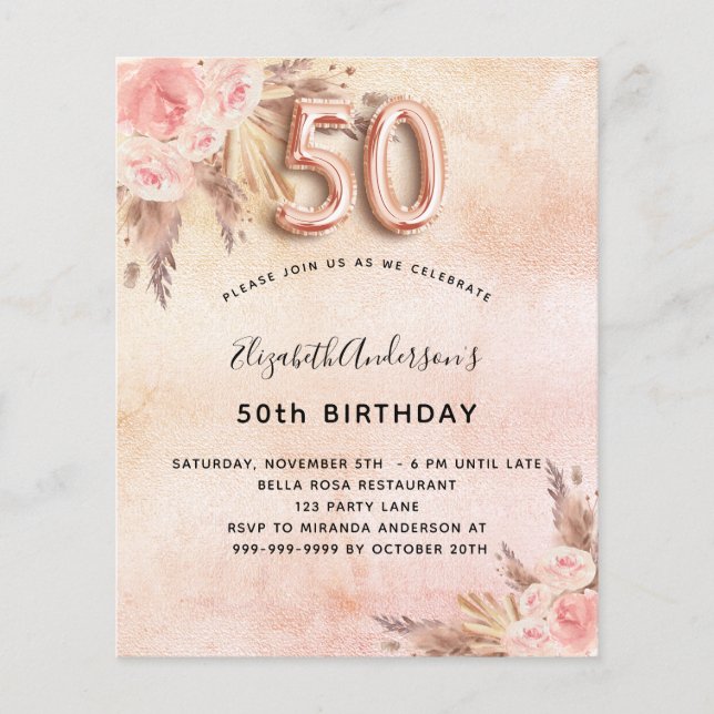 50th birthday pampas grass rose budget invitation flyer (Front)