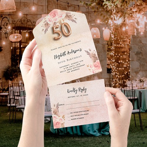 50th birthday pampas grass rose pink florals RSVP All In One Invitation
