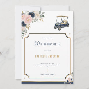 50th Birthday Par-Tee Golf Navy Blue Gold Floral Invitation