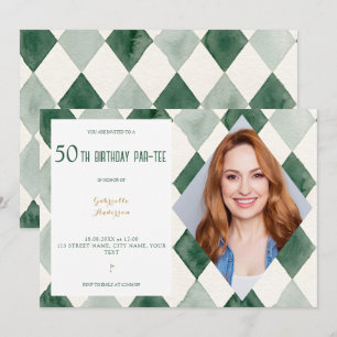 50th Birthday Par-Tee Watercolor Argyle Golf Green Invitation
