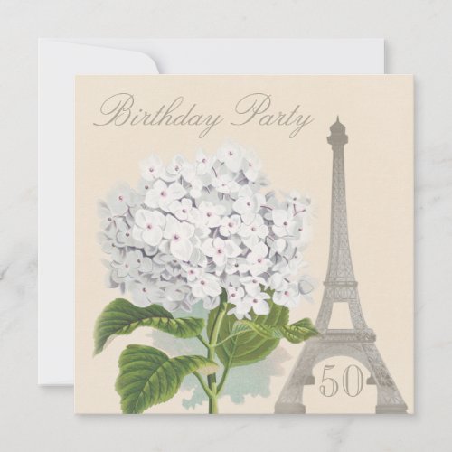50th Birthday Paris Vintage White Hydrangea Flower Invitation