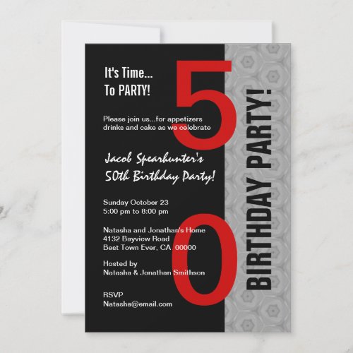 50th Birthday Part Modern Red Silver Black W1792 Personalized Invitations