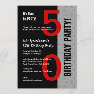 50th Birthday Part Modern Red Silver Black W1792A Invitation