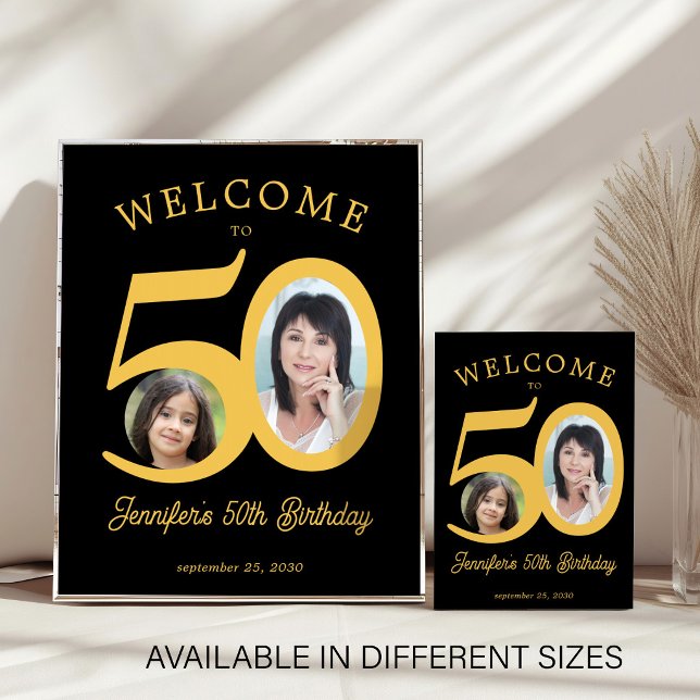 50th birthday party 2 photo black gold welcome poster (Creator Uploaded)