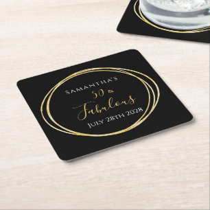 50th Birthday Party 50 and Fabulous Black Gold Square Paper Coaster