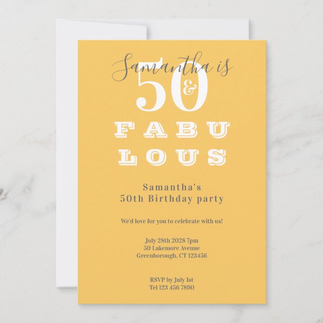 50th Birthday Party 50 and fabulous Modern Yellow  Invitation (Front)