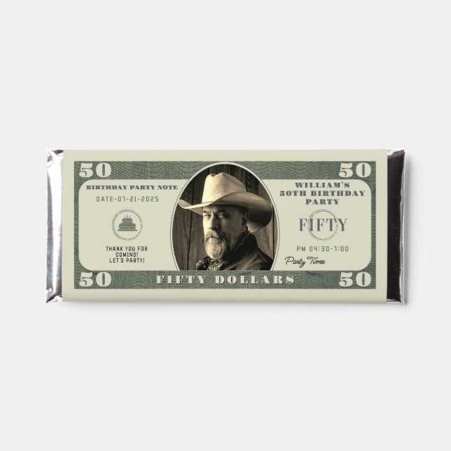 50th Birthday Party 50 Dollar Bill Hershey Bar Favors (Front)