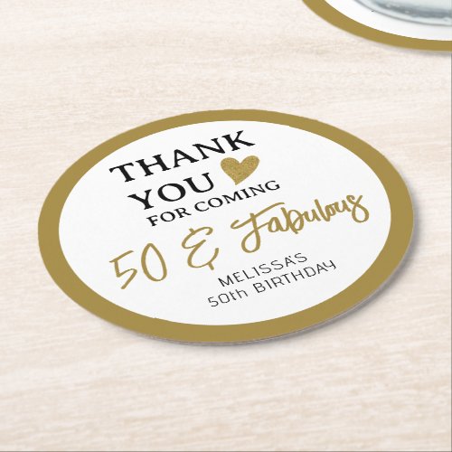 50th Birthday Party 50  Fabulous Thank You Favors Round Paper Coaster