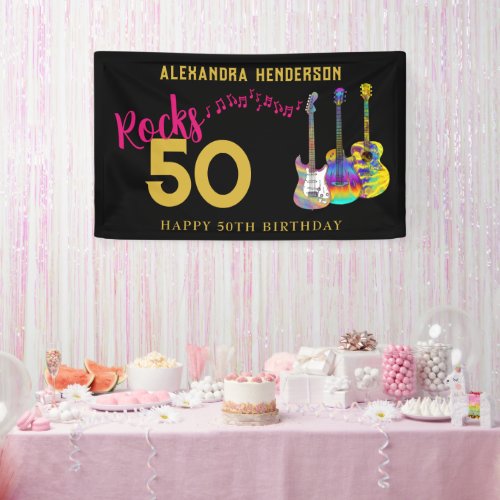 50th Birthday Party 50 Rock and Roll Pink Banner