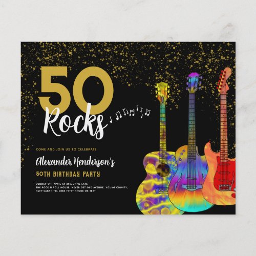 50th Birthday Party 50 Rocks Gold Glitter Budget Flyer