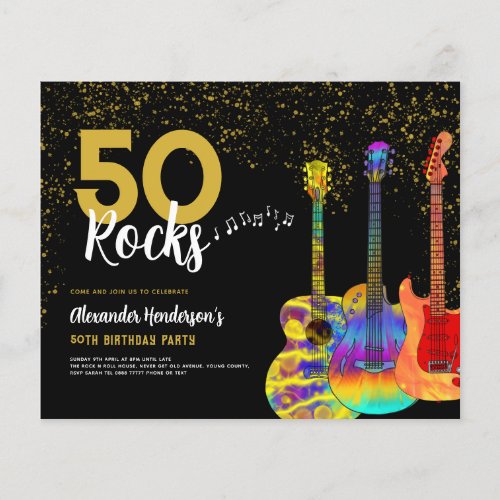 50th Birthday Party 50 Rocks Gold Glitter Budget Flyer