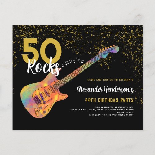 50th Birthday Party 50 Rocks Gold Glitter Budget Flyer