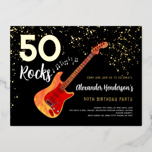 50th Birthday Party 50 Rocks Gold Glitter Foil Invitation Postcard