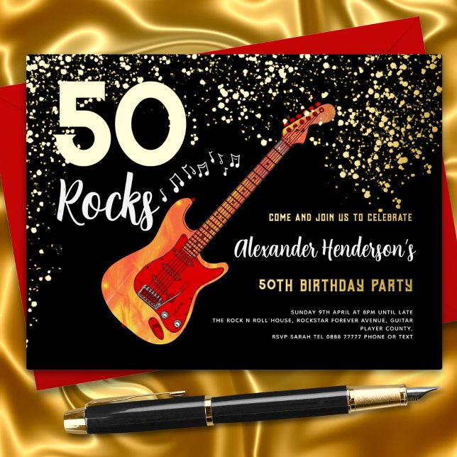 50th Birthday Party 50 Rocks Gold Glitter Foil Invitation Postcard (Rock and roll Electric guitar black and gold 50th birthday party gold foil glitter invitation)