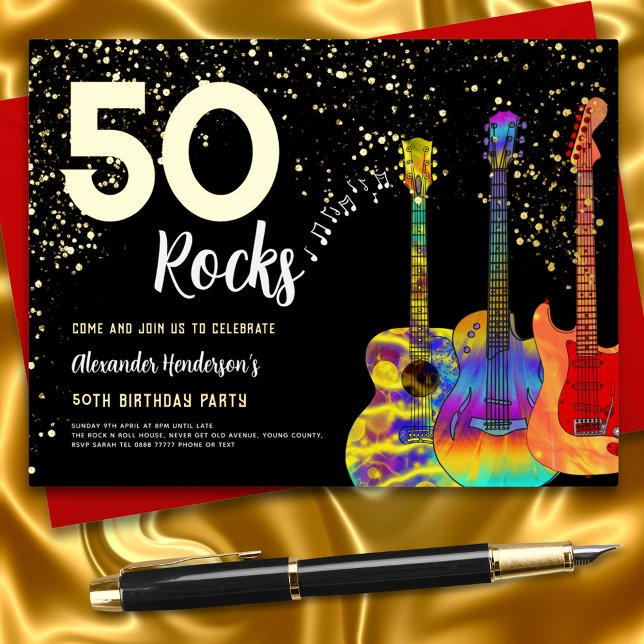 50th Birthday Party 50 Rocks Gold Glitter Foil Invitation Postcard (50 rocks gold glitter and black rock and roll 50th birthday party invitation postcard funky guitars)