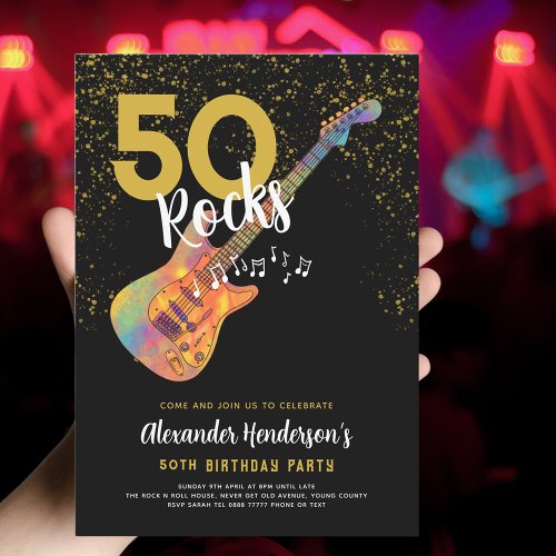 50th Birthday Party 50 Rocks Gold Glitter Invitation