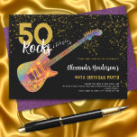 50th Birthday Party 50 Rocks Gold Glitter Invitation<br><div class="desc">50 Rocks rock and roll gold glitter 50th birthday party invitations with a cool electric guitar with funky colorful pattern and orange flame pick guard guitar art and musical notes illustration with personalized black and gold modern calligraphy typography. This easy to use template creates the perfect personalized invitation to celebrate...</div>