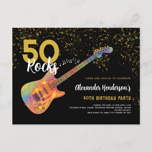 50th Birthday Party 50 Rocks Gold Glitter Invitation Postcard
