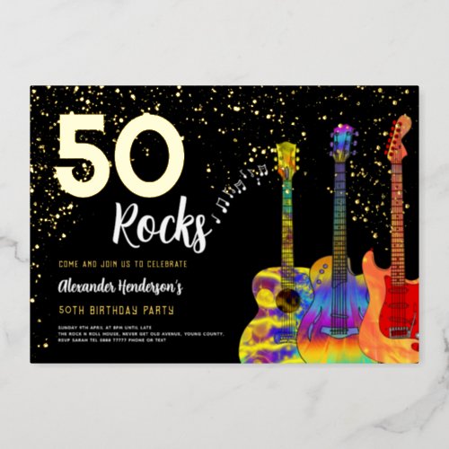 50th Birthday Party 50 Rocks Guitar Gold Glitter Foil Invitation