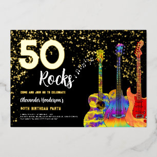 50th Birthday Party 50 Rocks Guitar Gold Glitter Foil Invitation