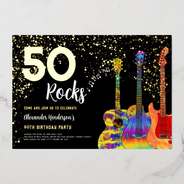 50th Birthday Party 50 Rocks Guitar Gold Glitter Foil Invitation (Front)