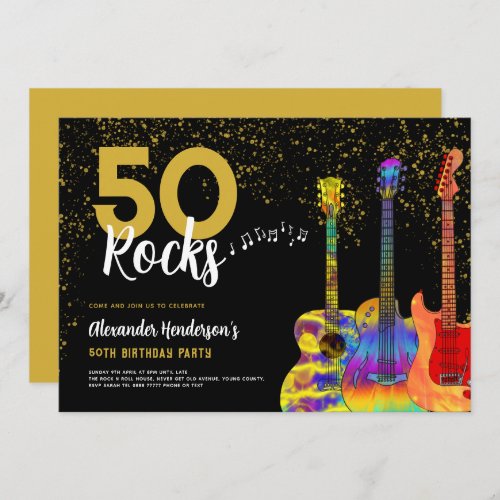 50th Birthday Party 50 Rocks Guitar Gold Glitter Invitation