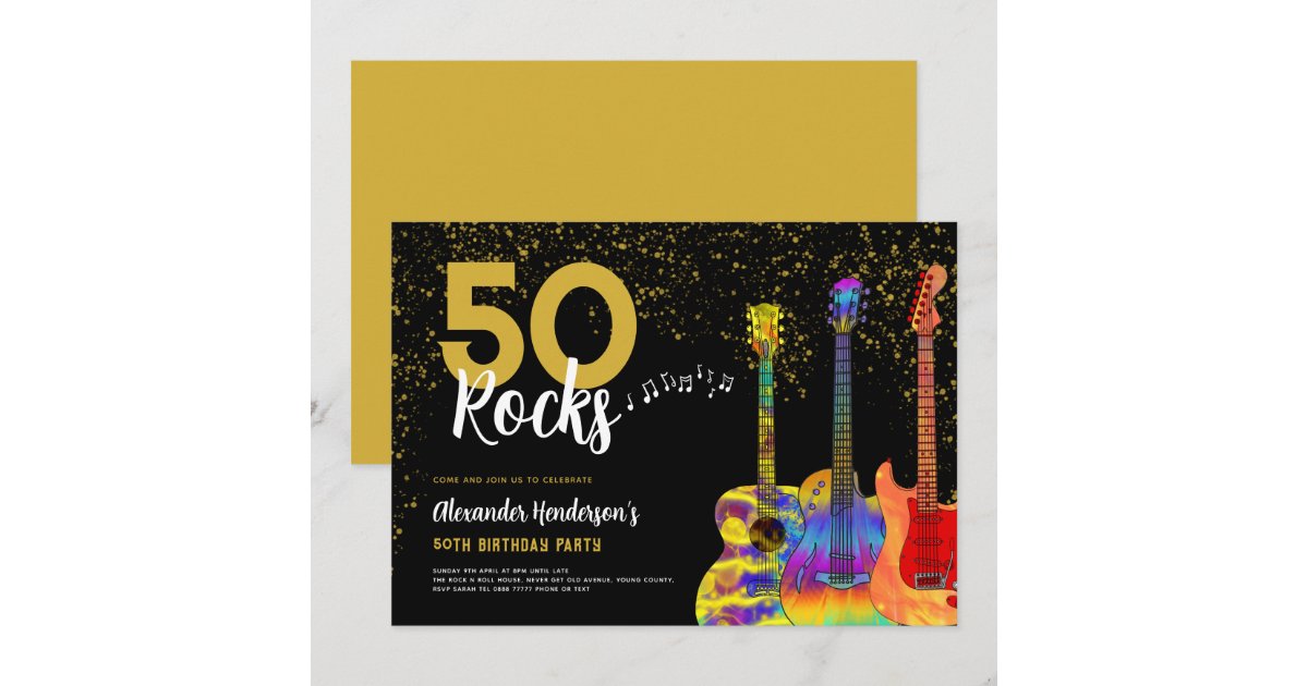 50th Birthday Party 50 Rocks Guitar Gold Glitter Invitation | Zazzle