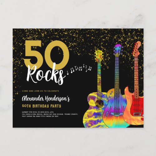 50th Birthday Party 50 Rocks Guitar Gold Glitter Invitation Postcard