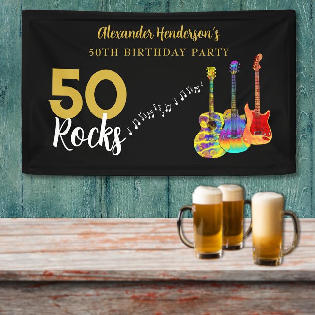 50th Birthday Party 50 Rocks Personalized Banner (Rock and roll 50 rocks birthday party banner black and gold and colorful guitar music theme)