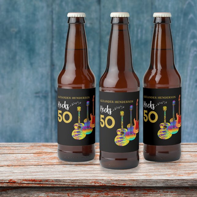 50th Birthday Party 50 Rocks Personalized Beer Bottle Label (Rock and roll 50th birthday party personalized beer labels for him funky guitars gold and black)
