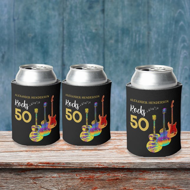 50th Birthday Party 50 Rocks Personalized  Can Cooler (Rock and roll 50th birthday party for him funky guitar gold and black personalized can cooler)