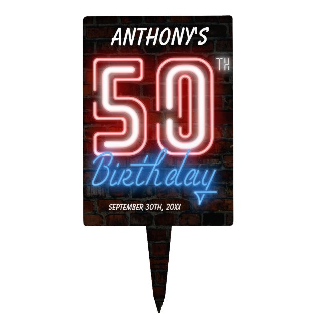 50th Birthday Party 80s Retro Neon Sign Custom Cake Topper (Front)