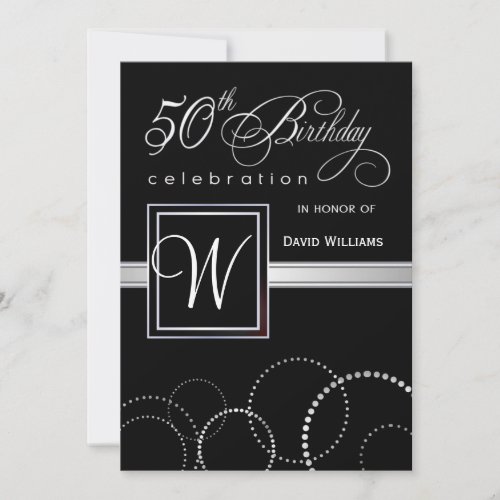 50th Birthday Party Adult _ Silver Monogram Invitation