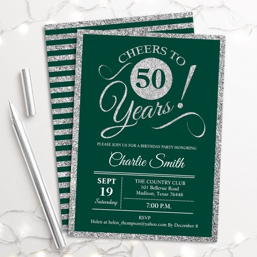50th Birthday Party _ ANY AGE Green Silver Invitation